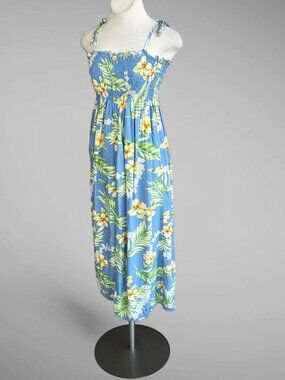 Two Palms Hawaiian Dress Vintage 80s Smocked Top Hibiscus Flowers Palm Leaf